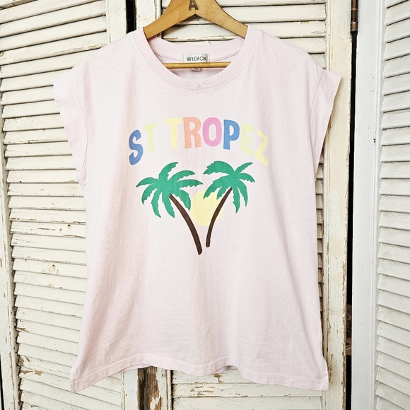 Wildfox Tops - Wildfox St. Tropez Print Soft Pink Cotton Muscle Tee Medium
